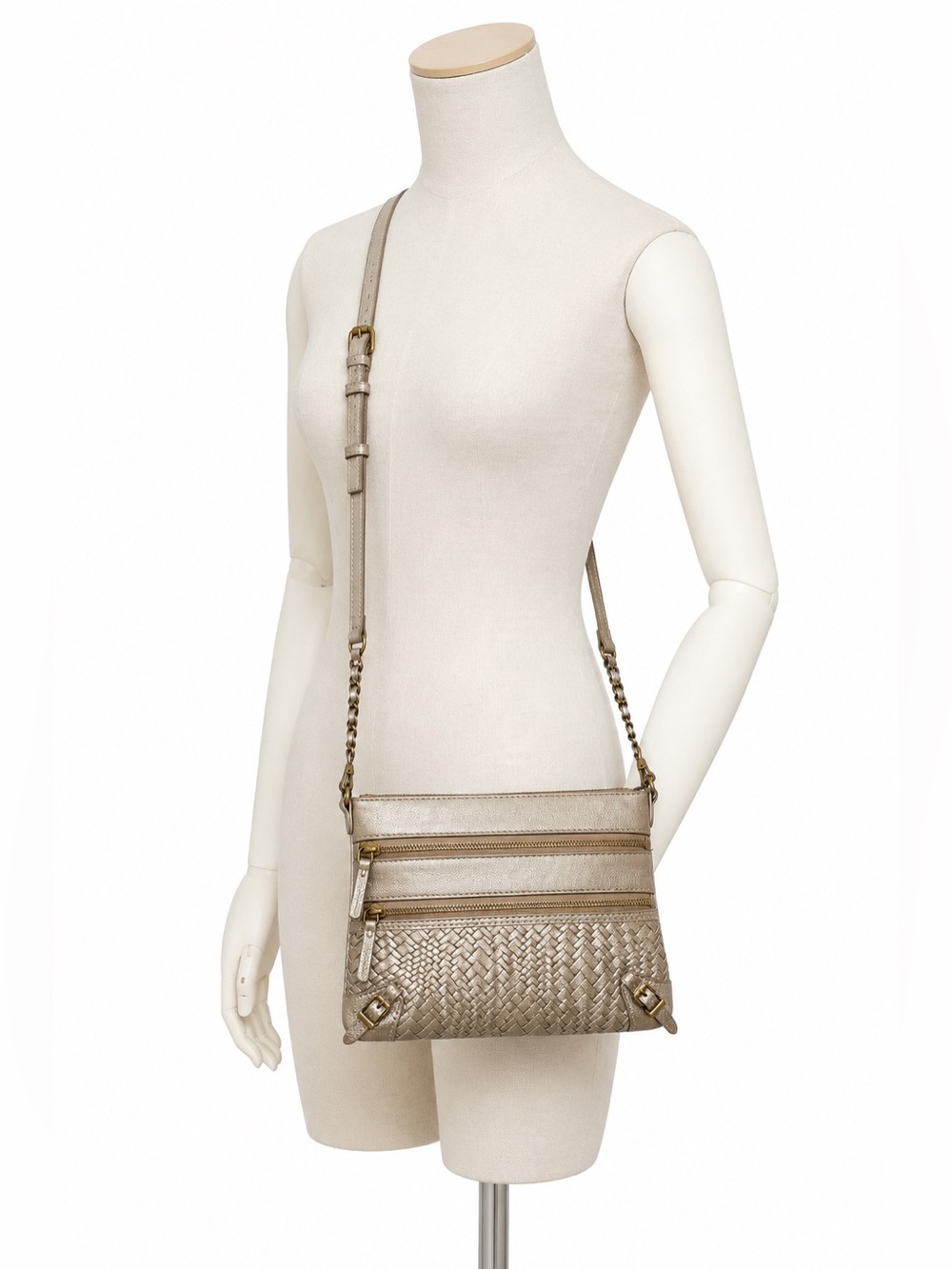 The Sak Metallic Woven Leather Crossbody Bag Champagne Multi Zip Purse